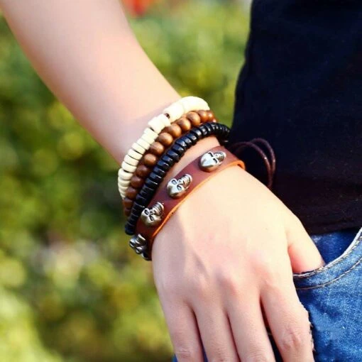 Bracelet Pirate Perle Bois Cuir Homme - Image 3